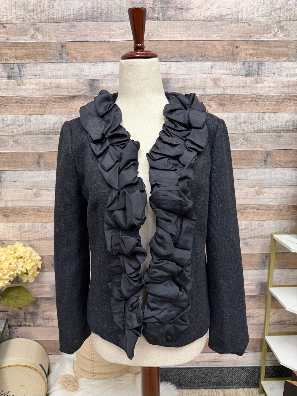 J Crew Gray Wool Blazer w/ Ruffle Front 2